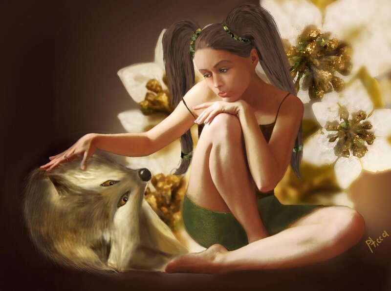 girl with fox in flowers