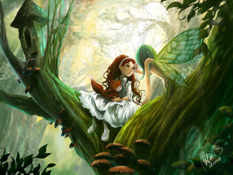 Girl with Fox in Forest — Green