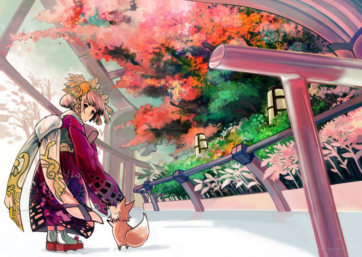 Girl with fox in garden
