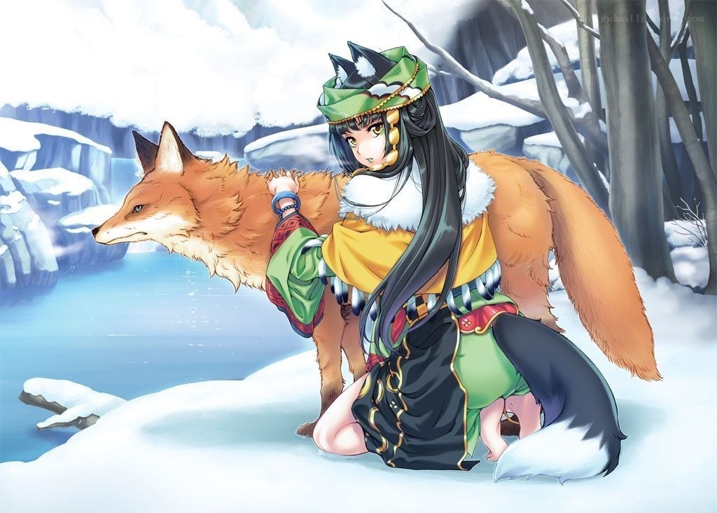 girl with fox in winter