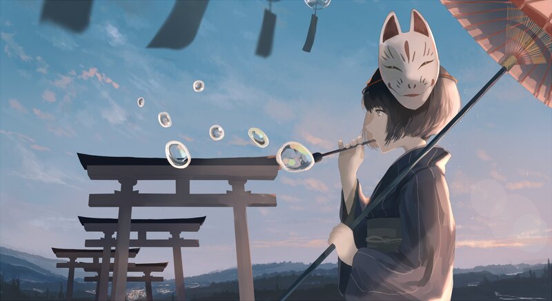 Girl with Fox Mask — Blue