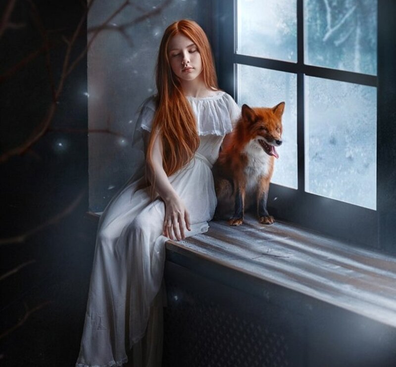 Girl with Fox on Windowsill