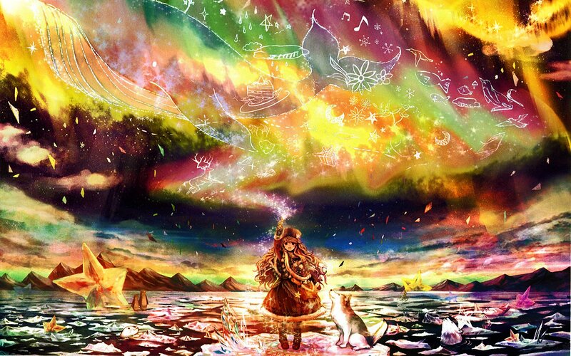 girl with fox under aurora sky
