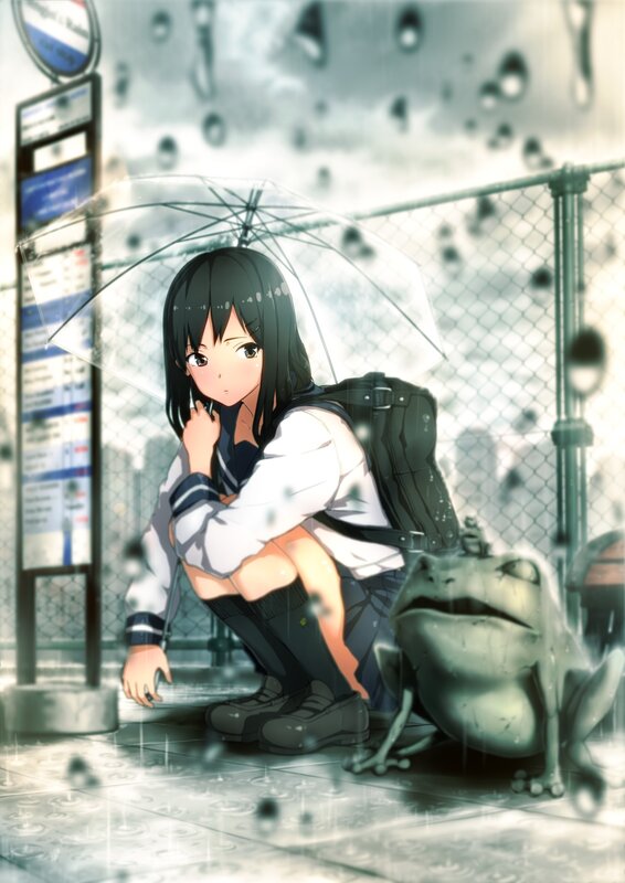 Girl with frog in the rain