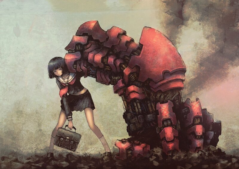 Girl with giant robot companion