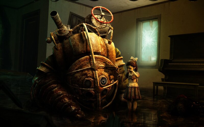 Girl with giant robot in room