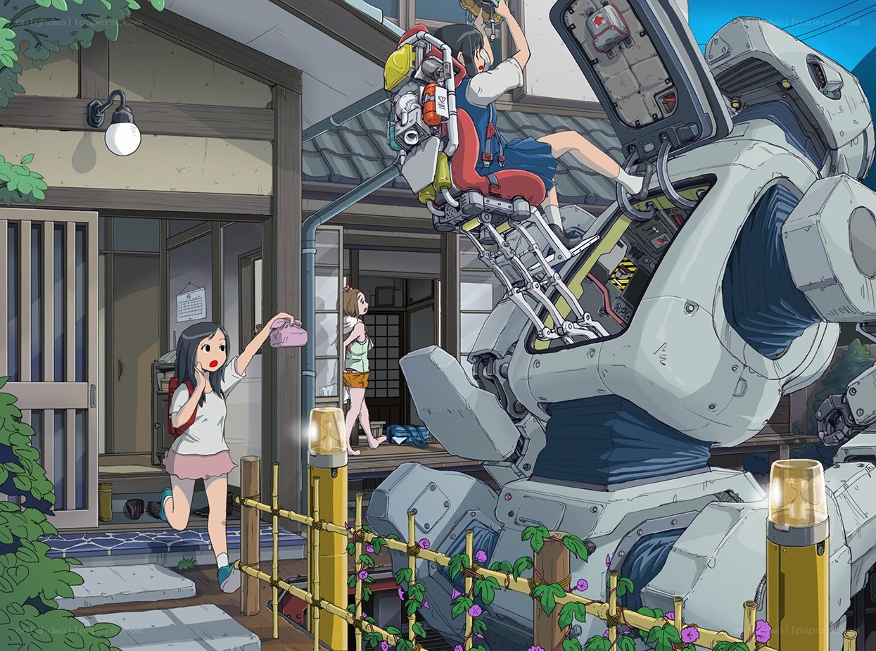 Girl with giant robot in yard