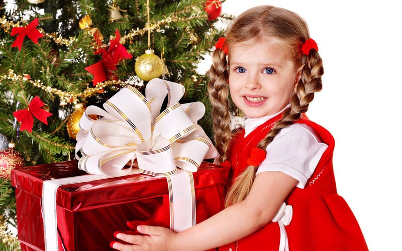Girl with Gift Box — Red, Festive