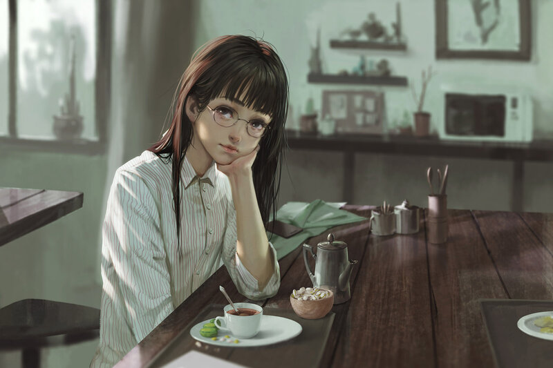 Girl with Glasses at Table — Brown