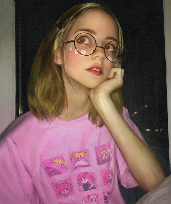 Girl with Glasses — Pink, Contemplative