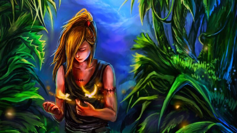 girl with glowing birds in jungle