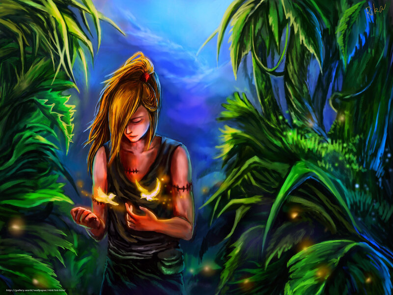 Girl with glowing birds in jungle