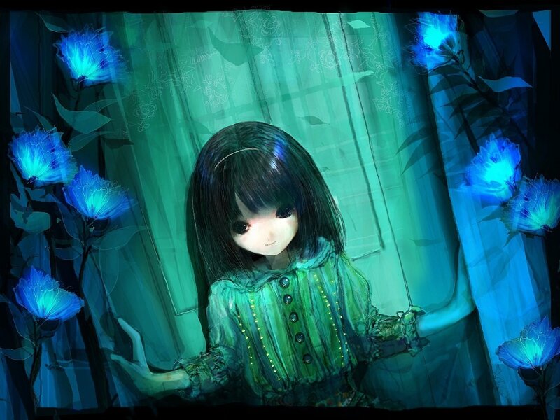 girl with glowing blue flowers