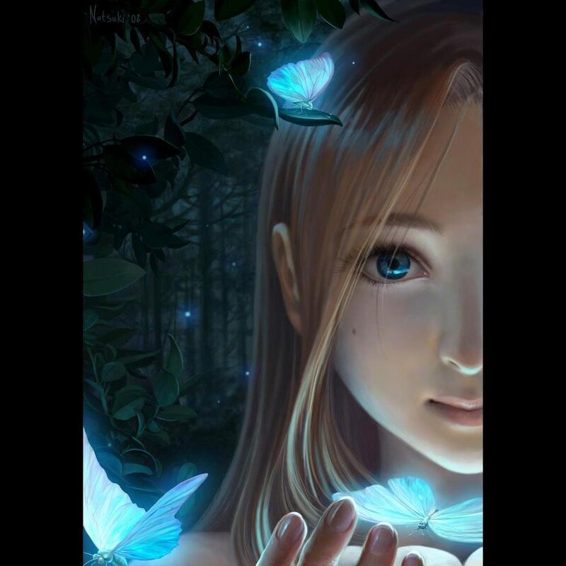 Girl with Glowing Butterflies — Blue, Serene