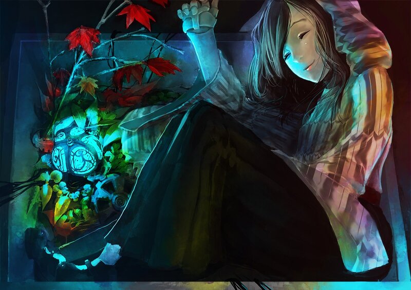 Girl with glowing clock in autumn