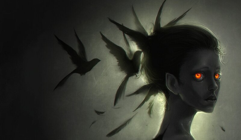 girl with glowing eyes and birds
