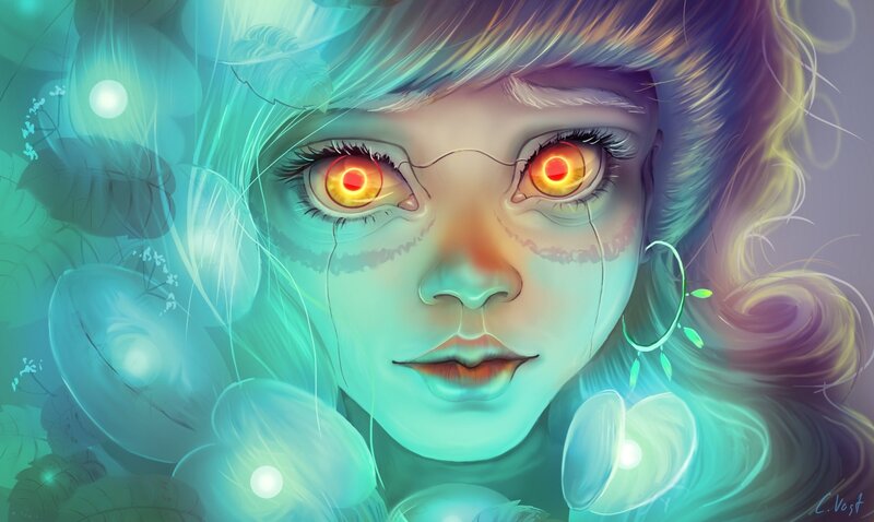Girl with Glowing Eyes — Cyan