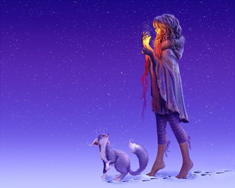 girl with glowing hand in snow
