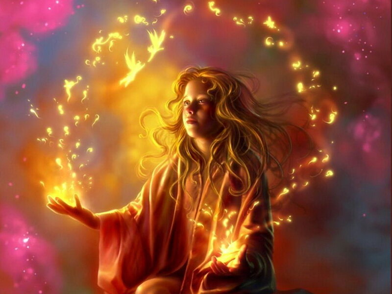 Girl with Glowing Hands — Yellow