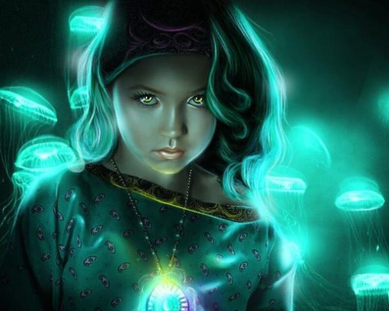 Girl with Glowing Jellyfish — Green