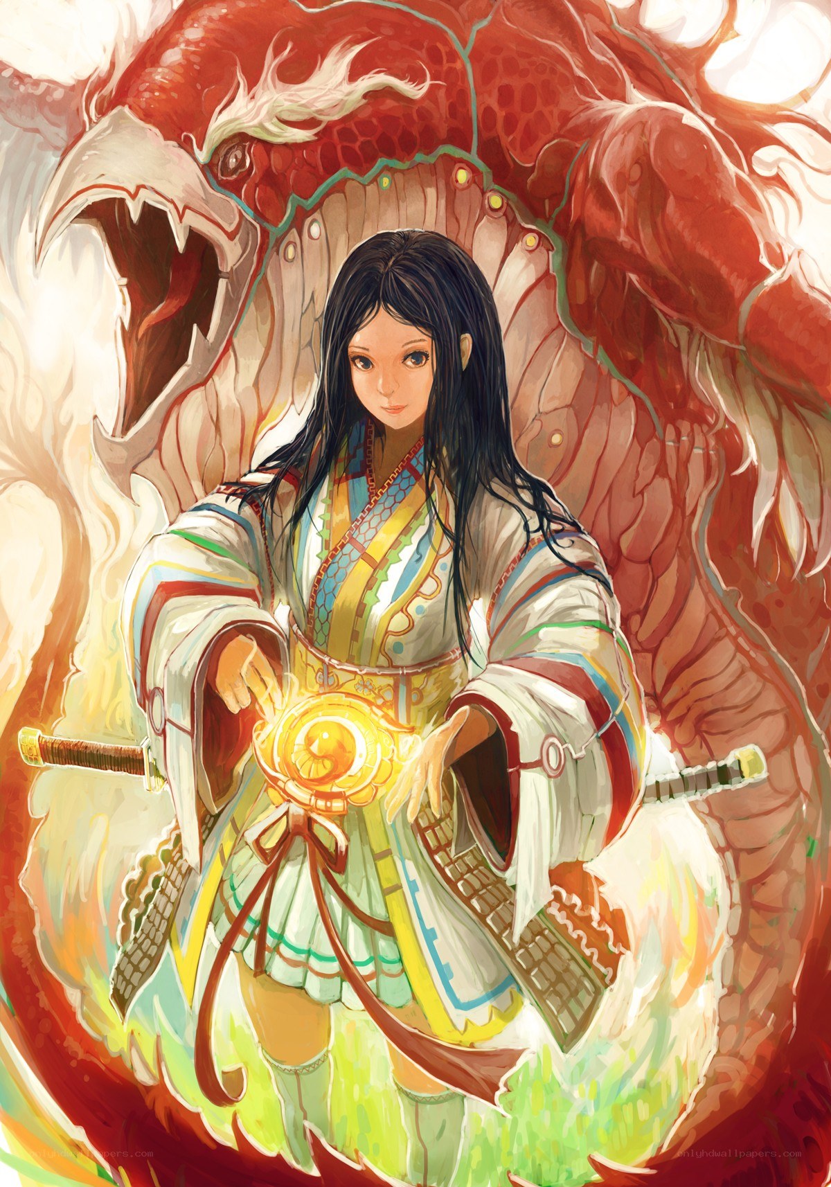 Girl with glowing orb and dragon
