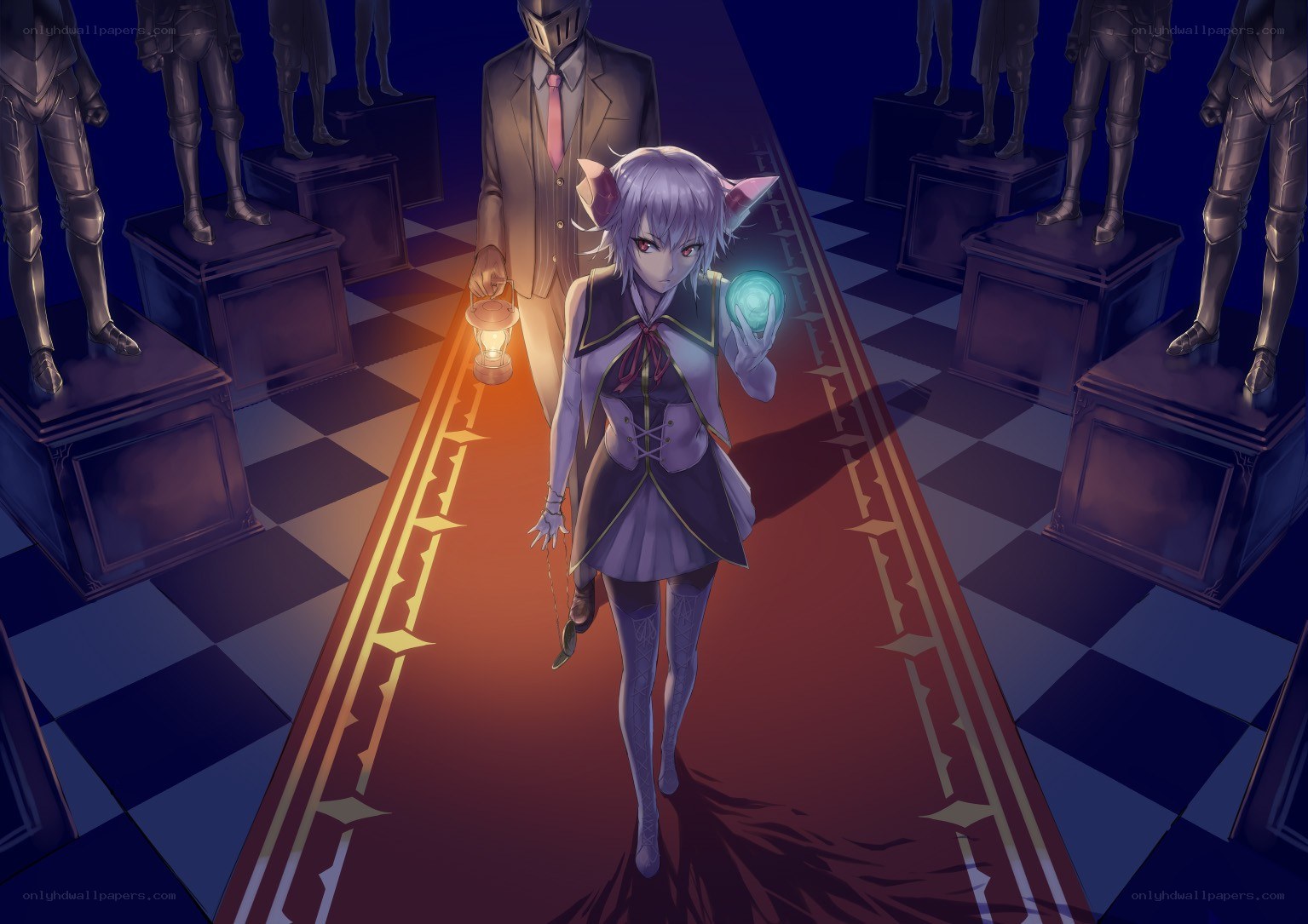 girl with glowing orb in hall