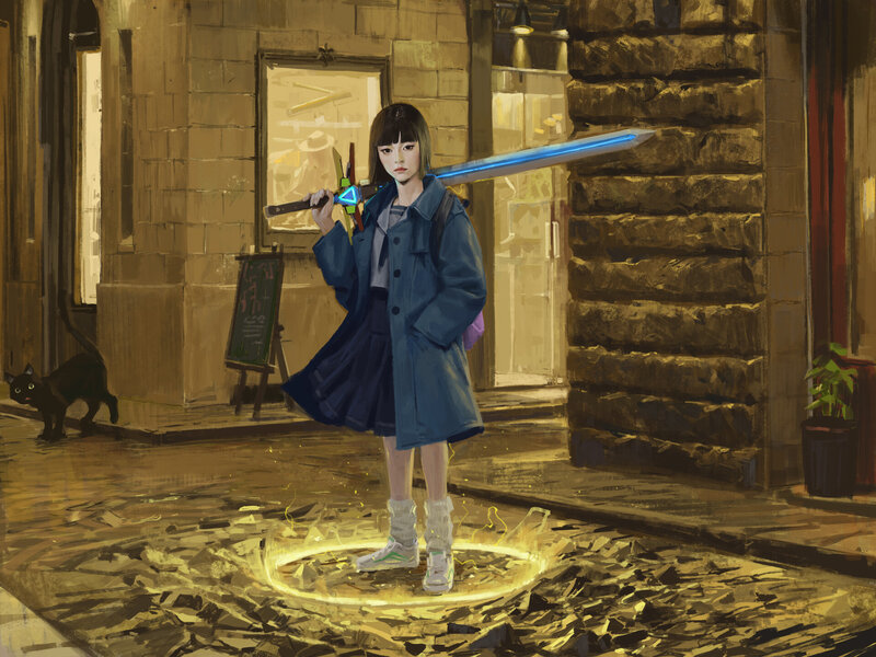 Girl with Glowing Sword — Blue, Dramatic, Night