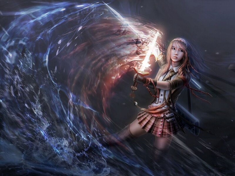 Girl with Glowing Sword — Blue