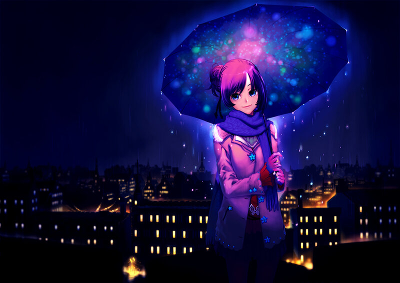 girl with glowing umbrella at night