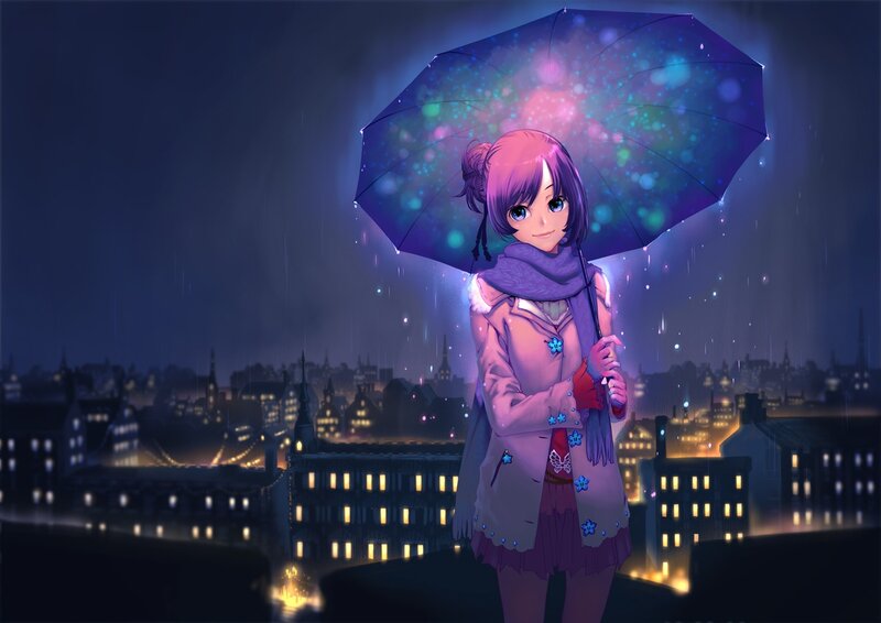 girl with glowing umbrella at night