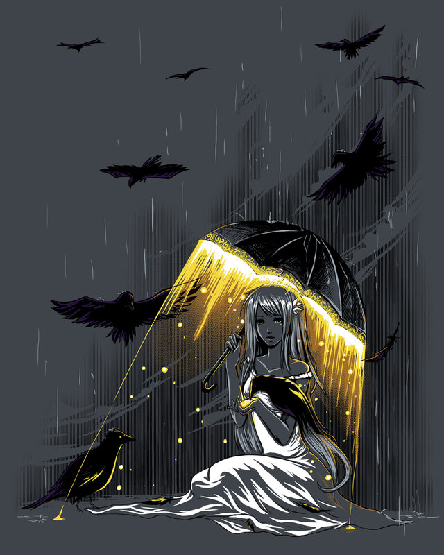 girl with glowing umbrella in rain
