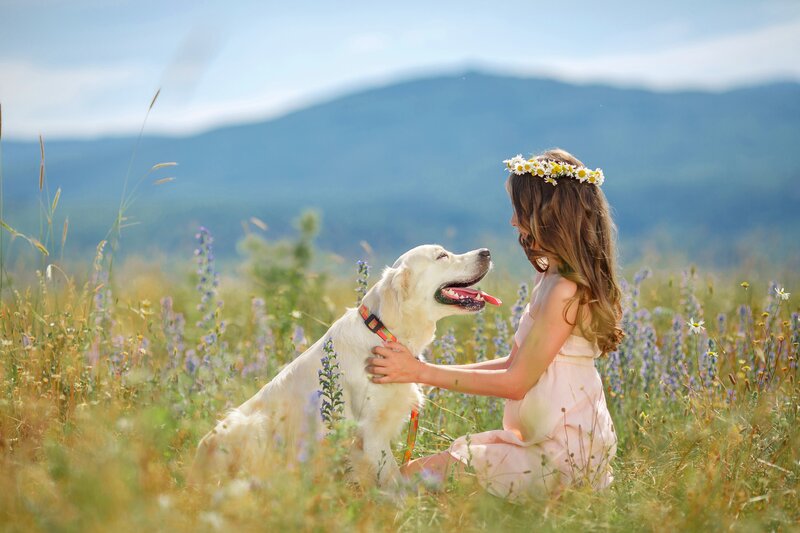 Girl with Golden Retriever — Pink