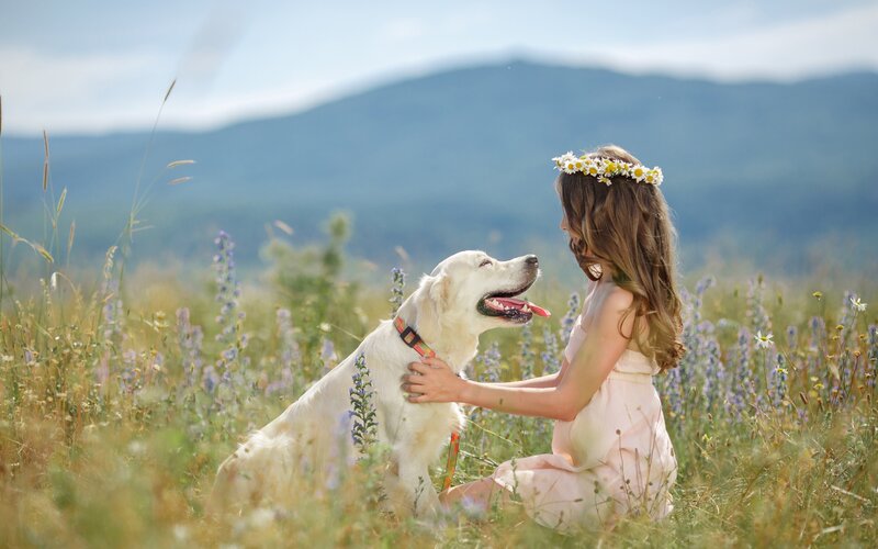 Girl with Golden Retriever — White