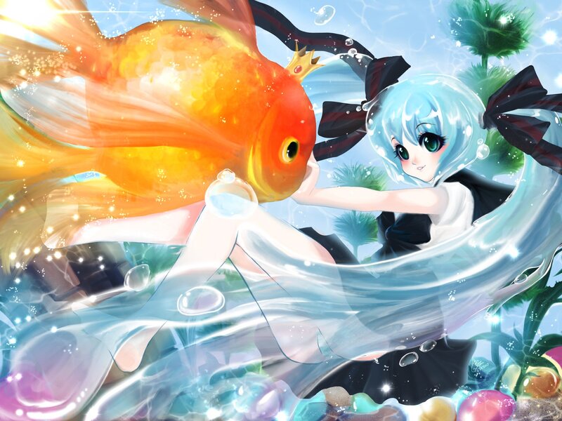 girl with goldfish underwater