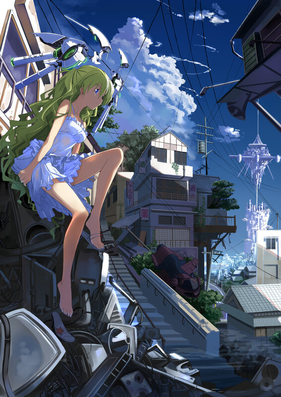 Girl with green hair in a city
