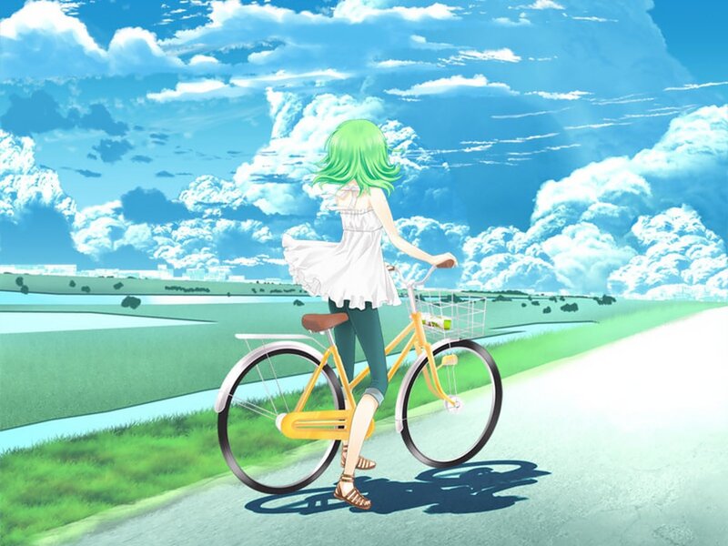 Girl with green hair on a bike