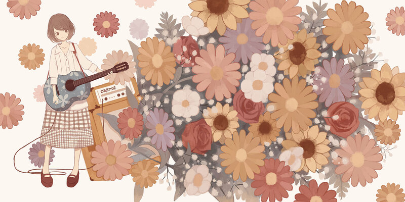 Girl with Guitar and Flowers