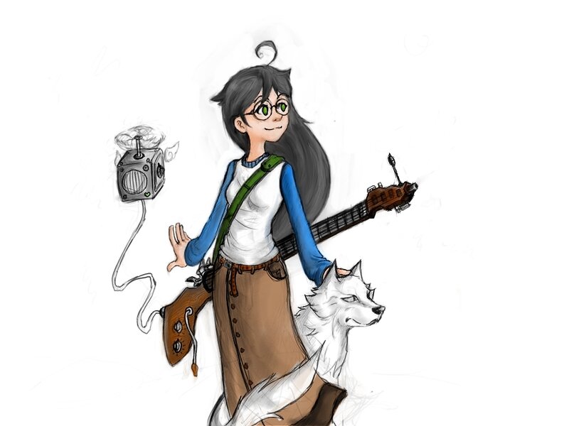 girl with guitar and wolf