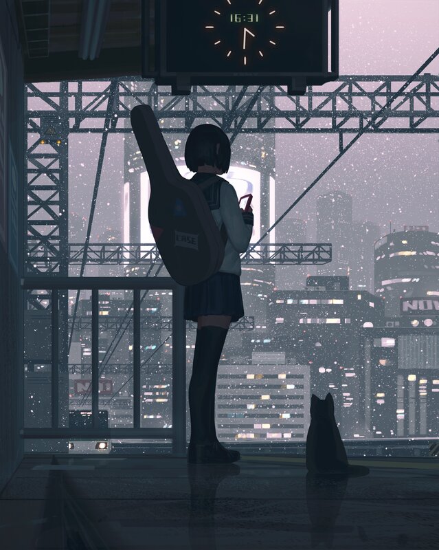Girl with Guitar Case — Gray