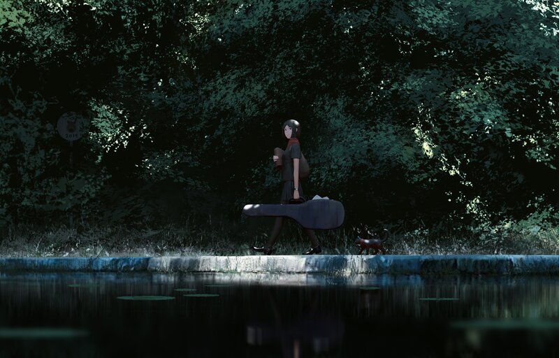 Girl with Guitar Case — Green
