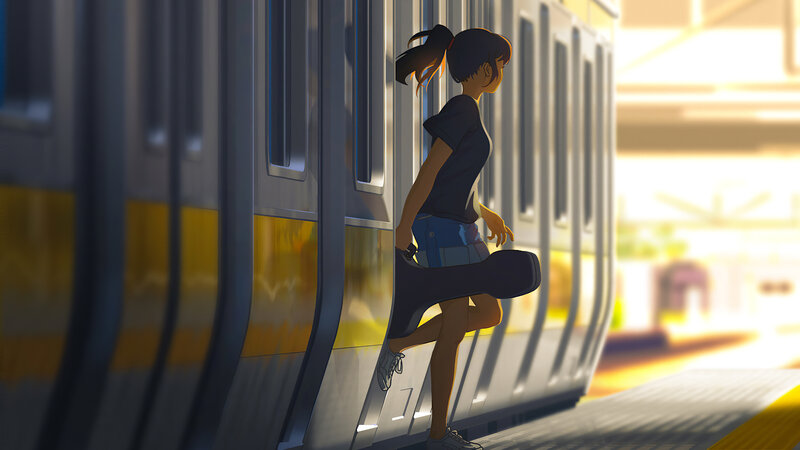 Girl with Guitar Case — Yellow, Calm