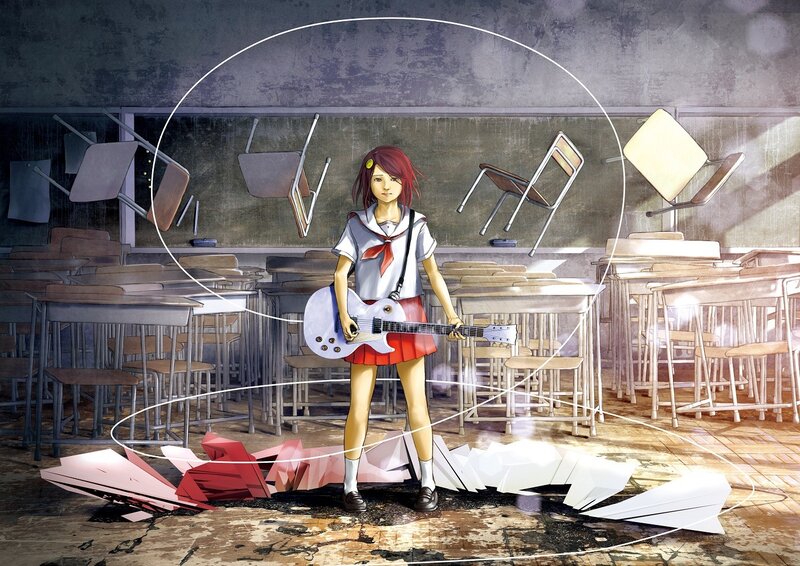 Girl with guitar in a chaotic classroom