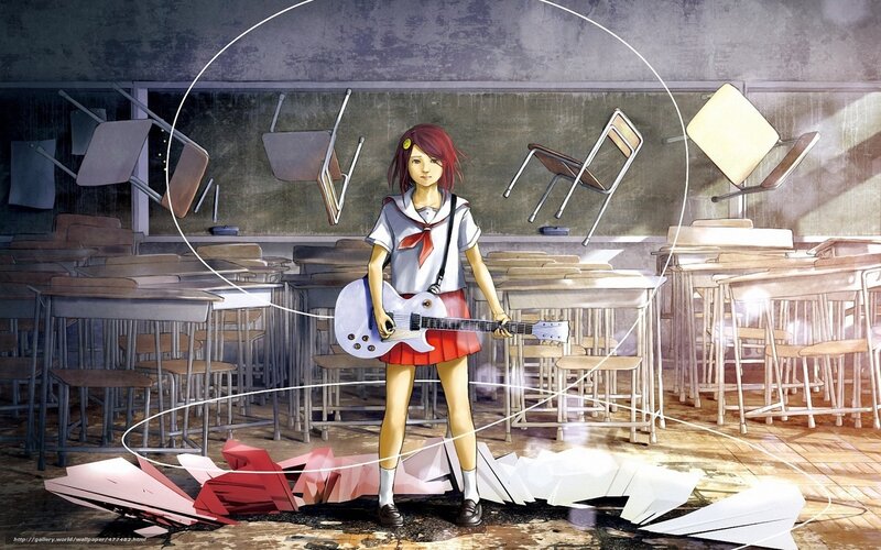 Girl with guitar in chaotic classroom