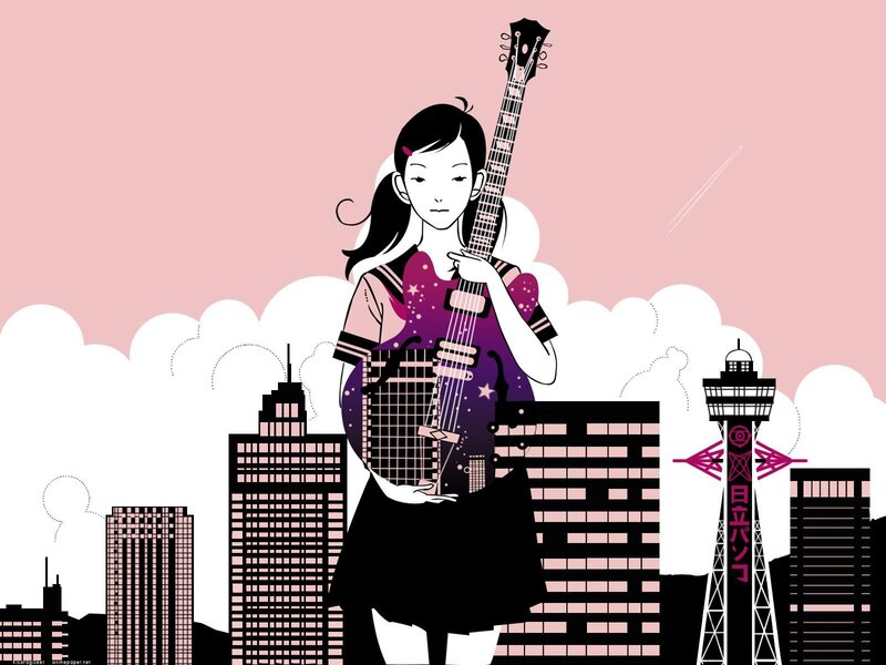 girl with guitar in city