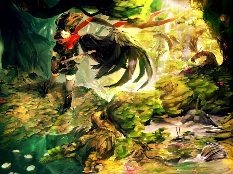 Girl with Guitar in Forest — Green, Dramatic