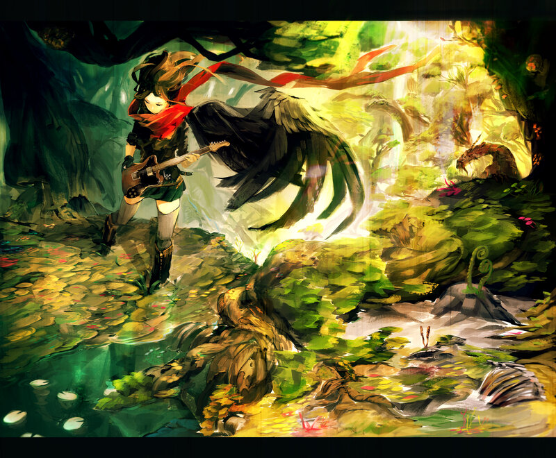 Girl with Guitar in Forest