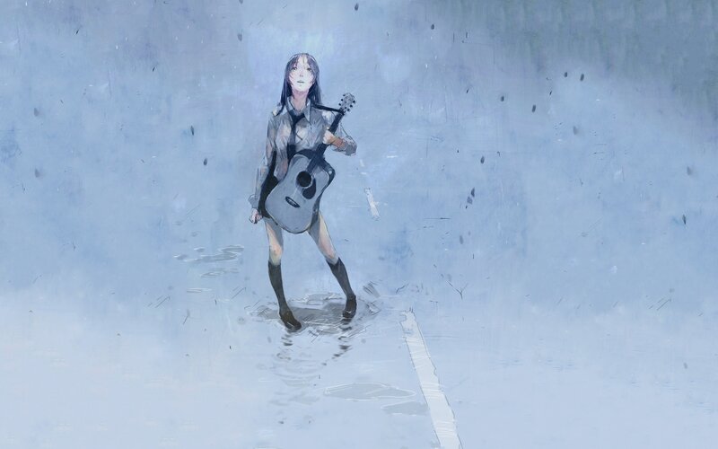 Girl with guitar in rain