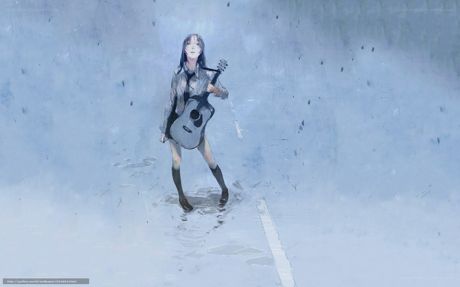 Girl with guitar in rain