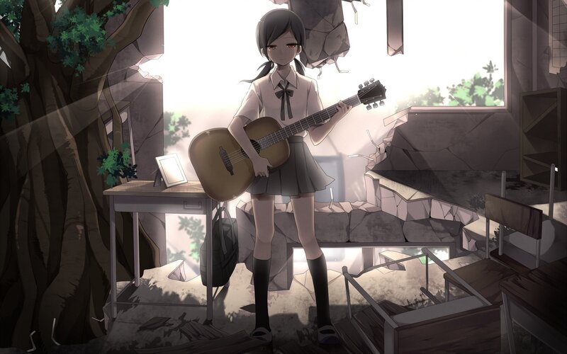 Girl with guitar in ruins