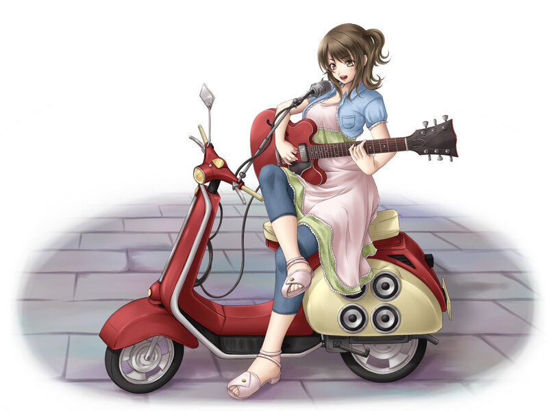 girl with guitar on scooter